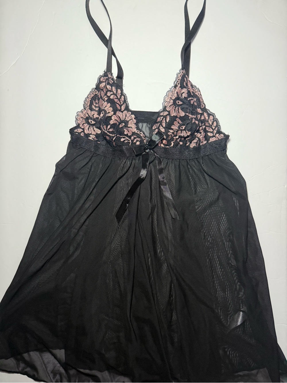 Black lace babydoll lingerie top with pink floral lace trim - Size M